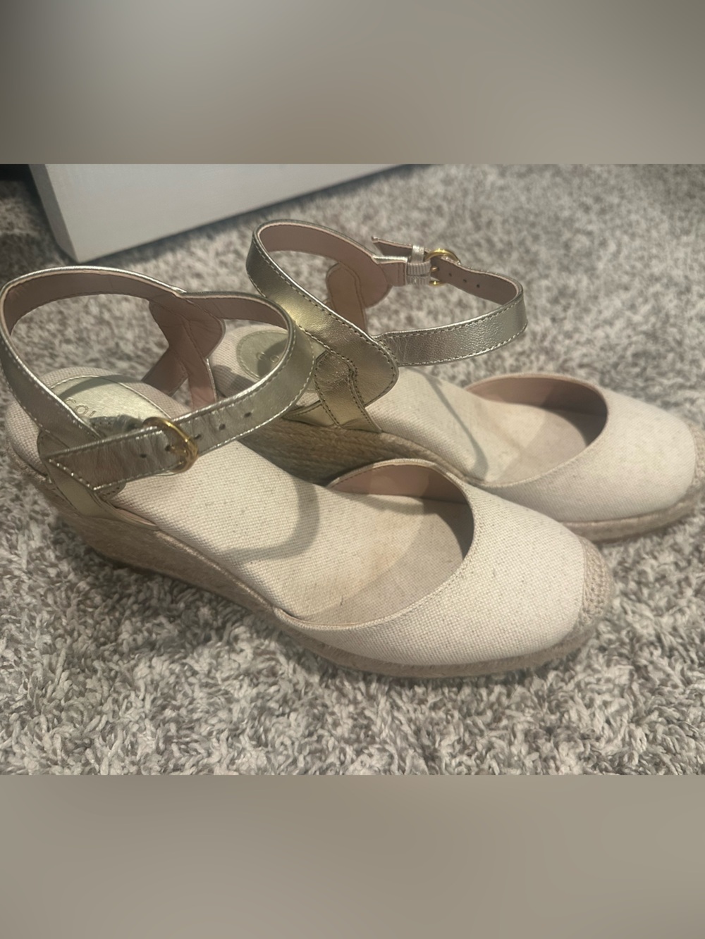 Cole Haan Cream Canvas Espadrille Wedge Sandals with Silver Ankle Straps